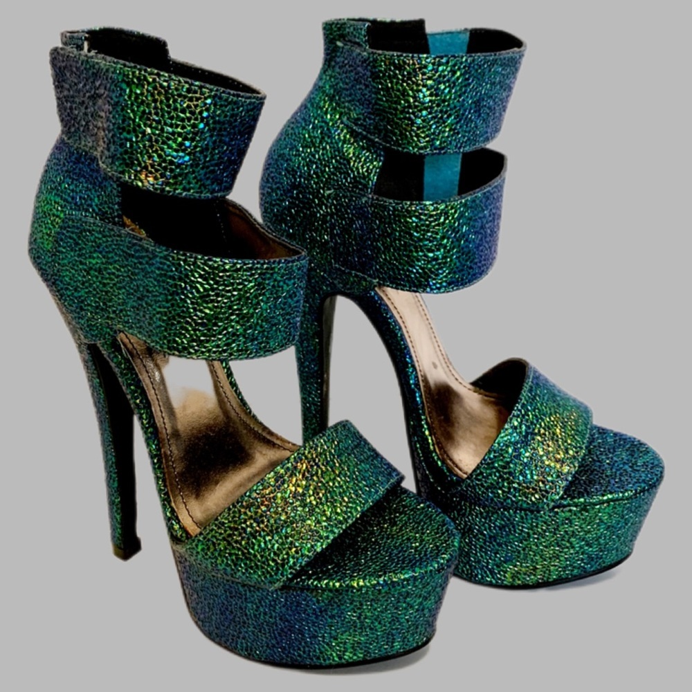 Anne Miller Teal Iridescent dragon skin texture platform 6” heels Size 5 1/2